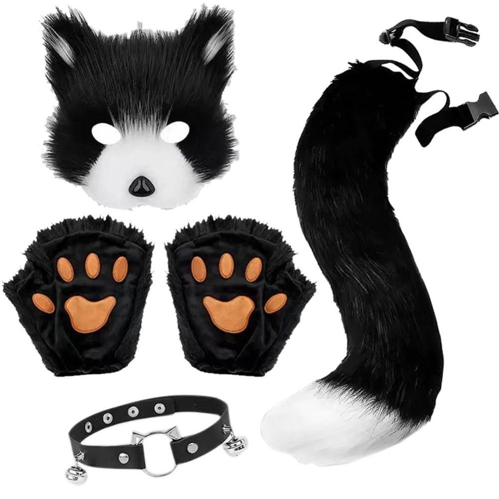 Faux Fur Animal Costume Set Funny Tail Mask Paw Gloves Full Set Plush Cosplay Mask Halloween