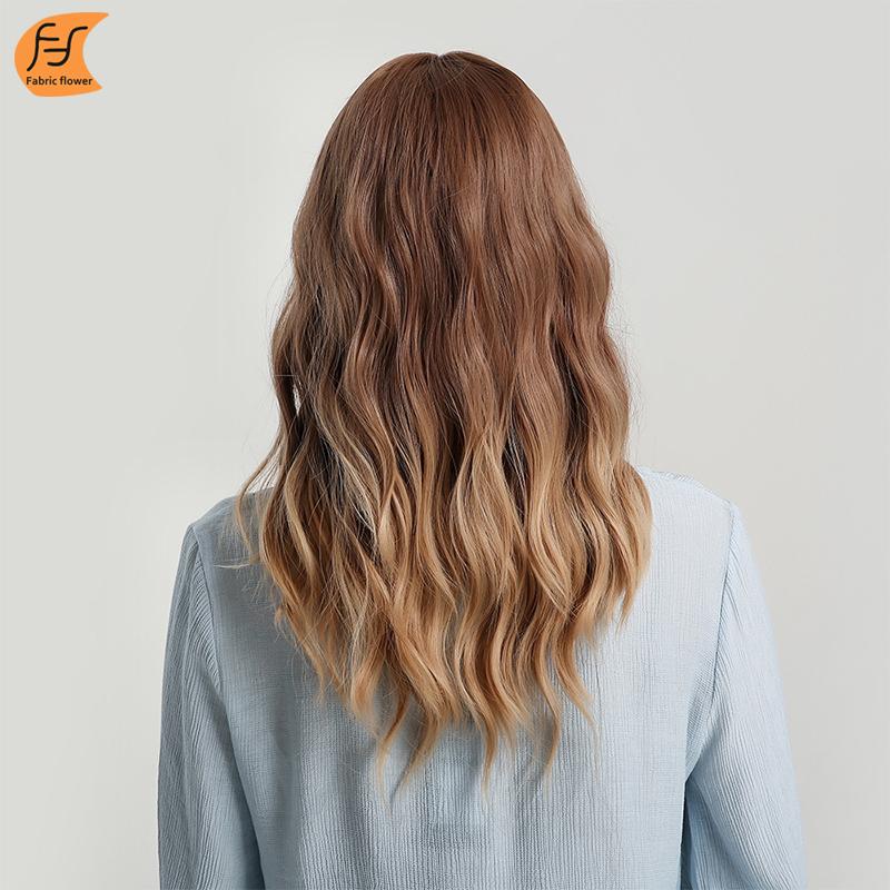 European and American Women's Wig Gradient Highlight Brown Golden Straight Bangs Long Curly Hair Cap