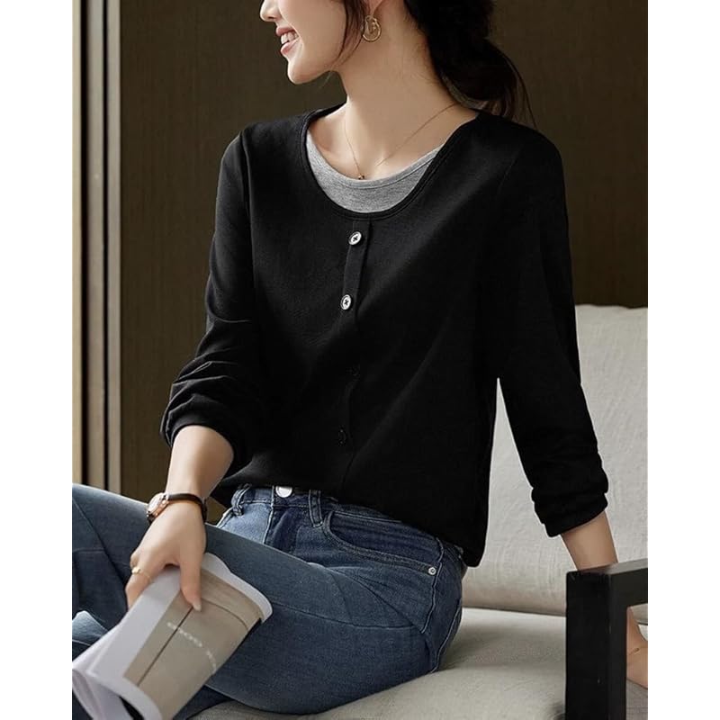 [Sayla] tops long sleeve ladies blouse crew neck T-shirt Plain color trainer switching fake layered pullover Dress slimmer jacket autumn winter spring