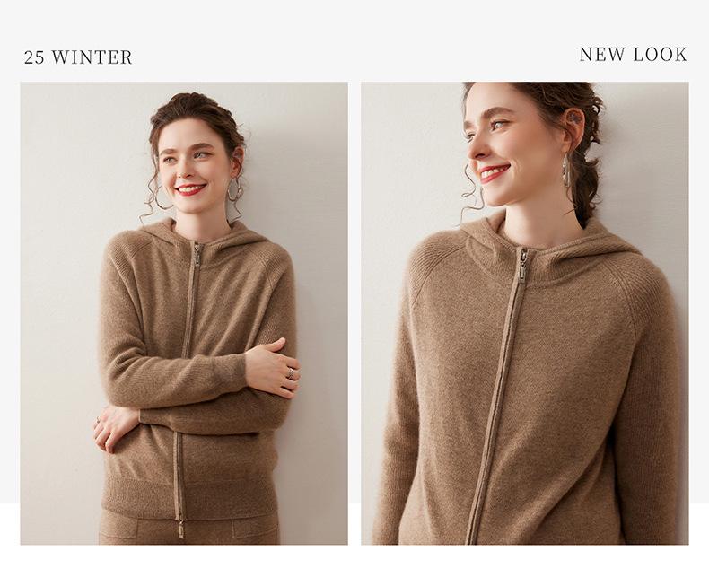 Women's Hooded Double Zipper Cashmere Sweater - Autumn/Winter Solid Color Knit Cardigan, Long Sleeve Casual Commute Style