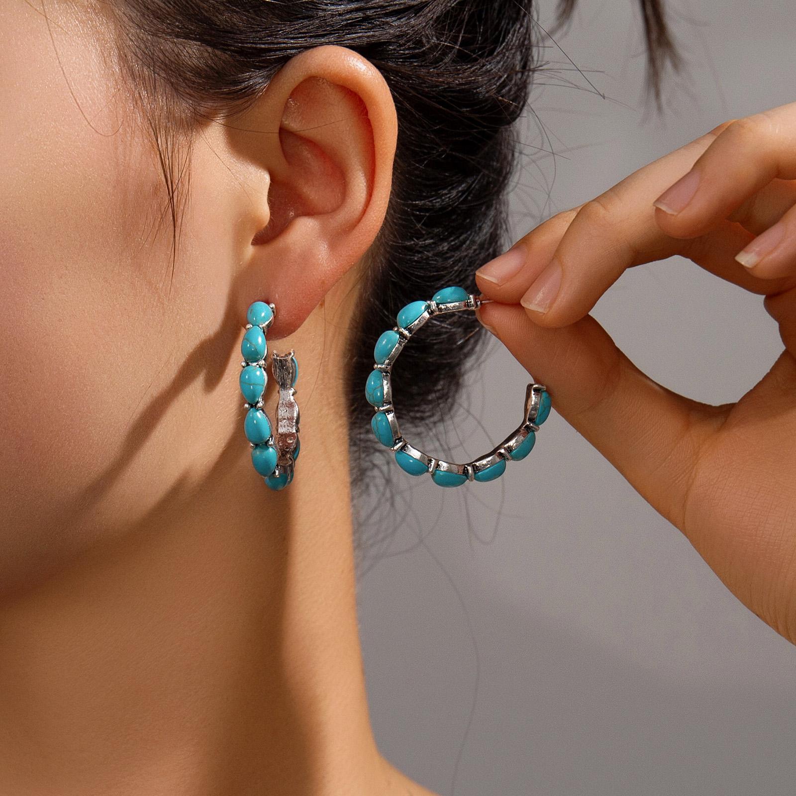 

Bohemian style turquoise bead ring earrings for women, versatile for daily wear