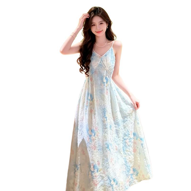 Chiffon suspender floral V-neck dress women's summer senior sense vacation wind dopamine high waist A word long dress word