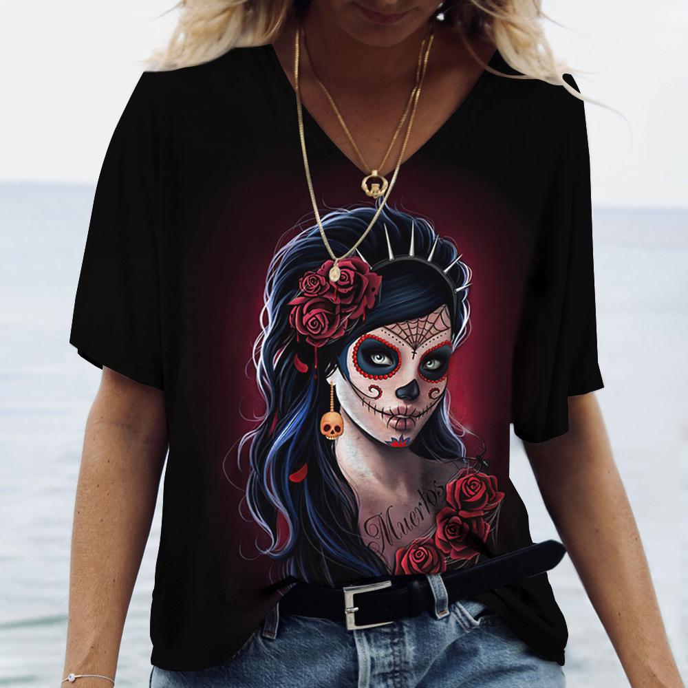 Summer V-neck 3D Funny Face Printed Top Fashionable Casual Short Sleeved Women's T-shirts