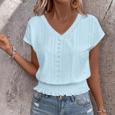 Damen Oberteile V-Ausschnitt Kurzarm Jacquard-Dekoration Pullover Tops Einfarbig Lockere Passform Elastischer Saum T-Shirt