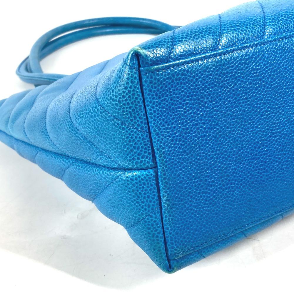 CHANEL vintage V-Stitch Tote Bag Shoulder Bag Hand Bag Caviar Leather blue/Gold