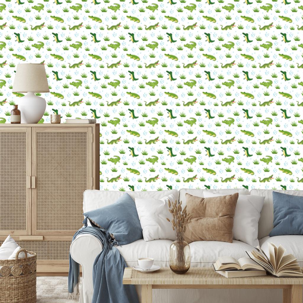 Crocodile wallpaper white, lime, light gray and green 50x1000