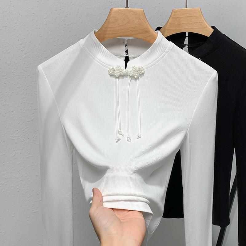 Stand-up collar bottoming shirt women&#x27;s new women&#x27;s clothing black long-sleeved t-shirt with waist Chinese retro button-up top