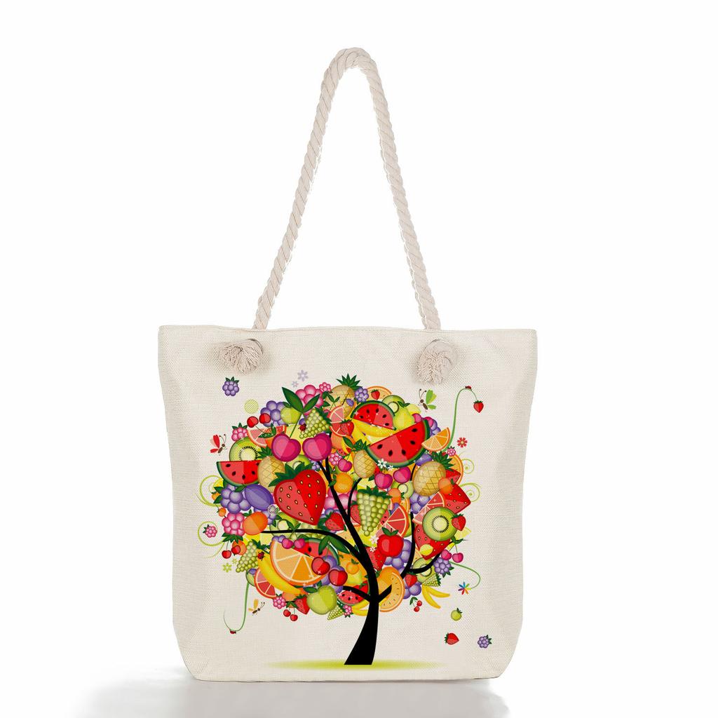 Flower tree print thick rope single-shoulder beach bag 7281 CLE