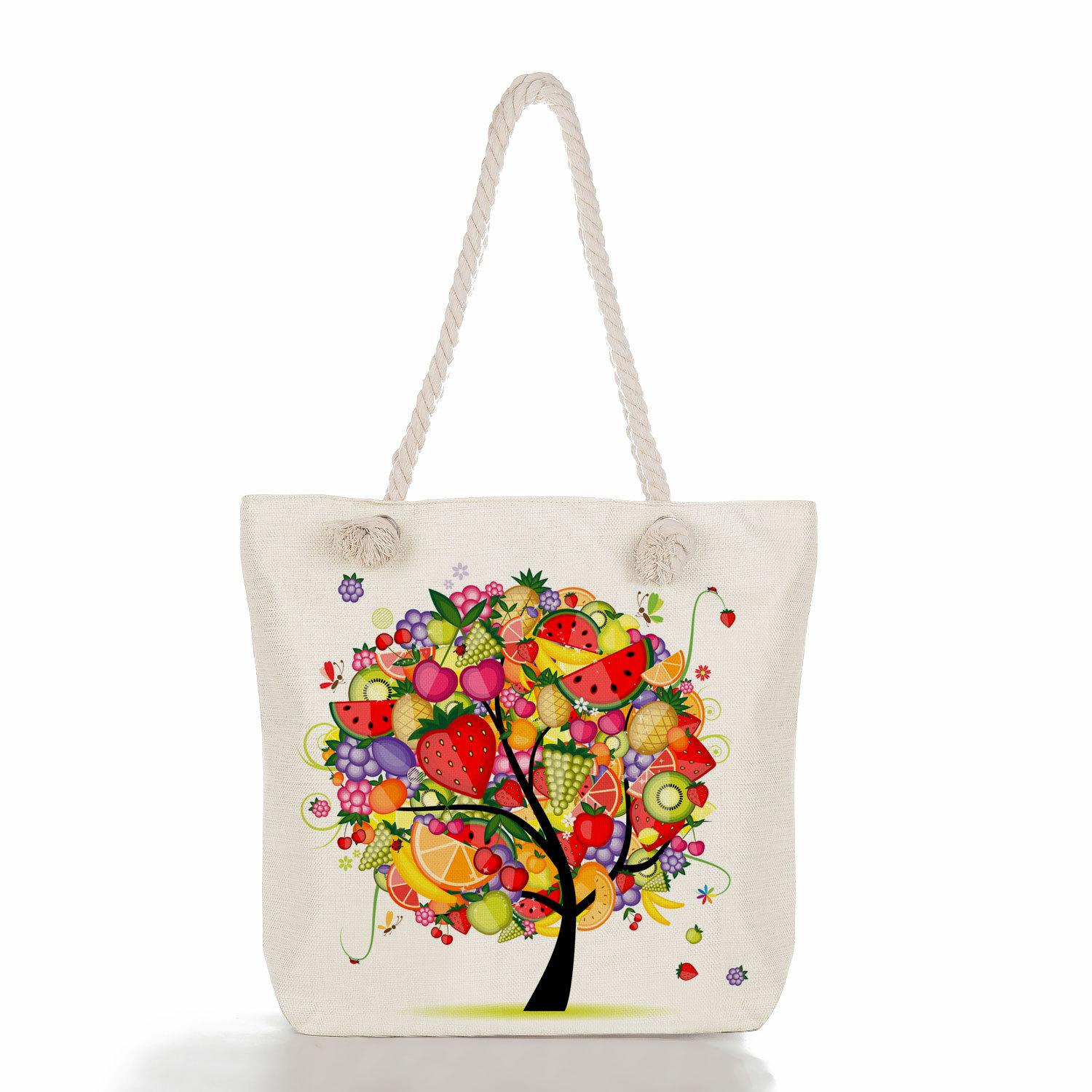 Flower tree print thick rope single-shoulder beach bag 7281
