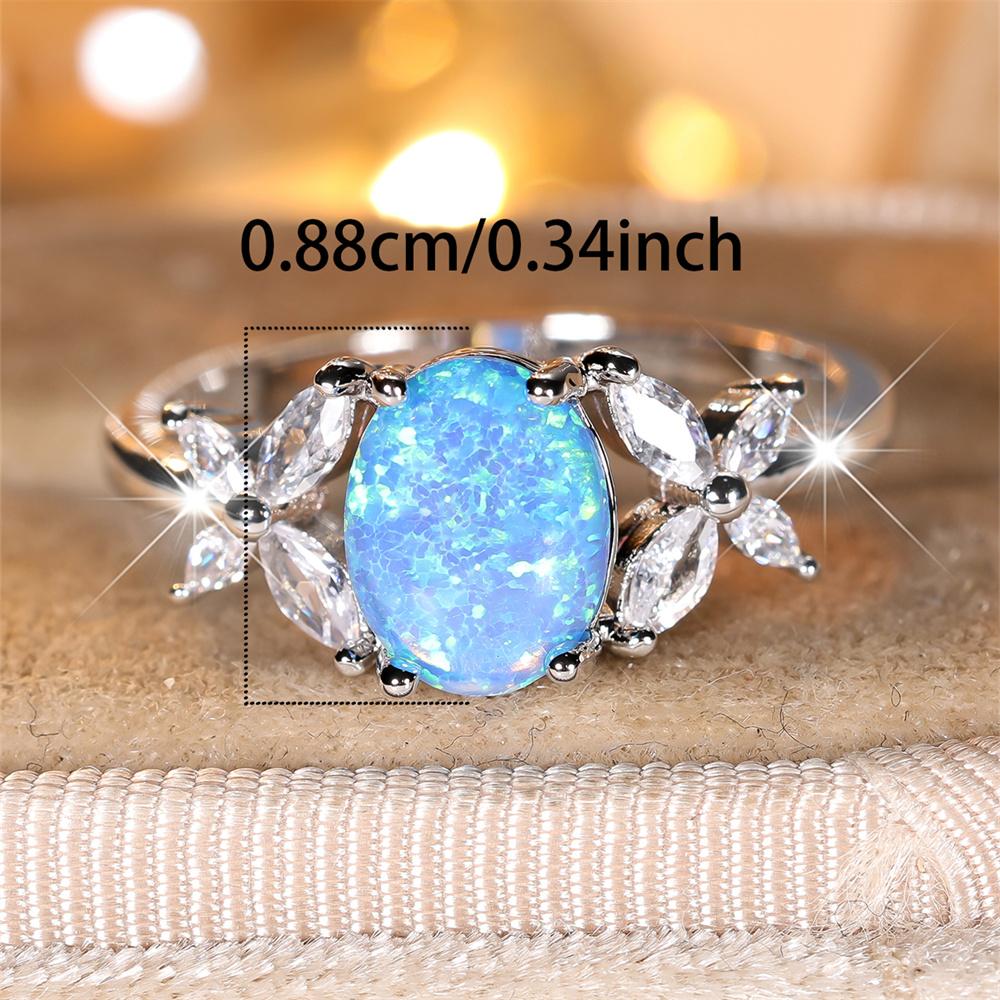 Blauer Opal Niedliche Eiform Steinringe Für Frauen Weißer Zirkon Vintage Silberfarbe Verlobung Versprechensringe Braut Hochzeits Schmuck