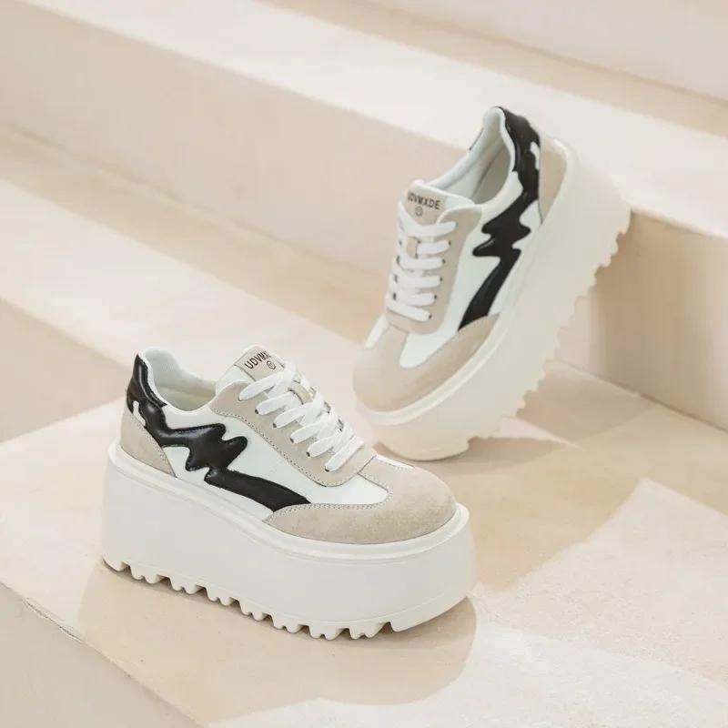 High Quality 8cm Women Chunky Sneakers New Fashion Autumn Spring Shoes Cloth Pigskin Casual Platform Wedge Pumps Genuine Leather