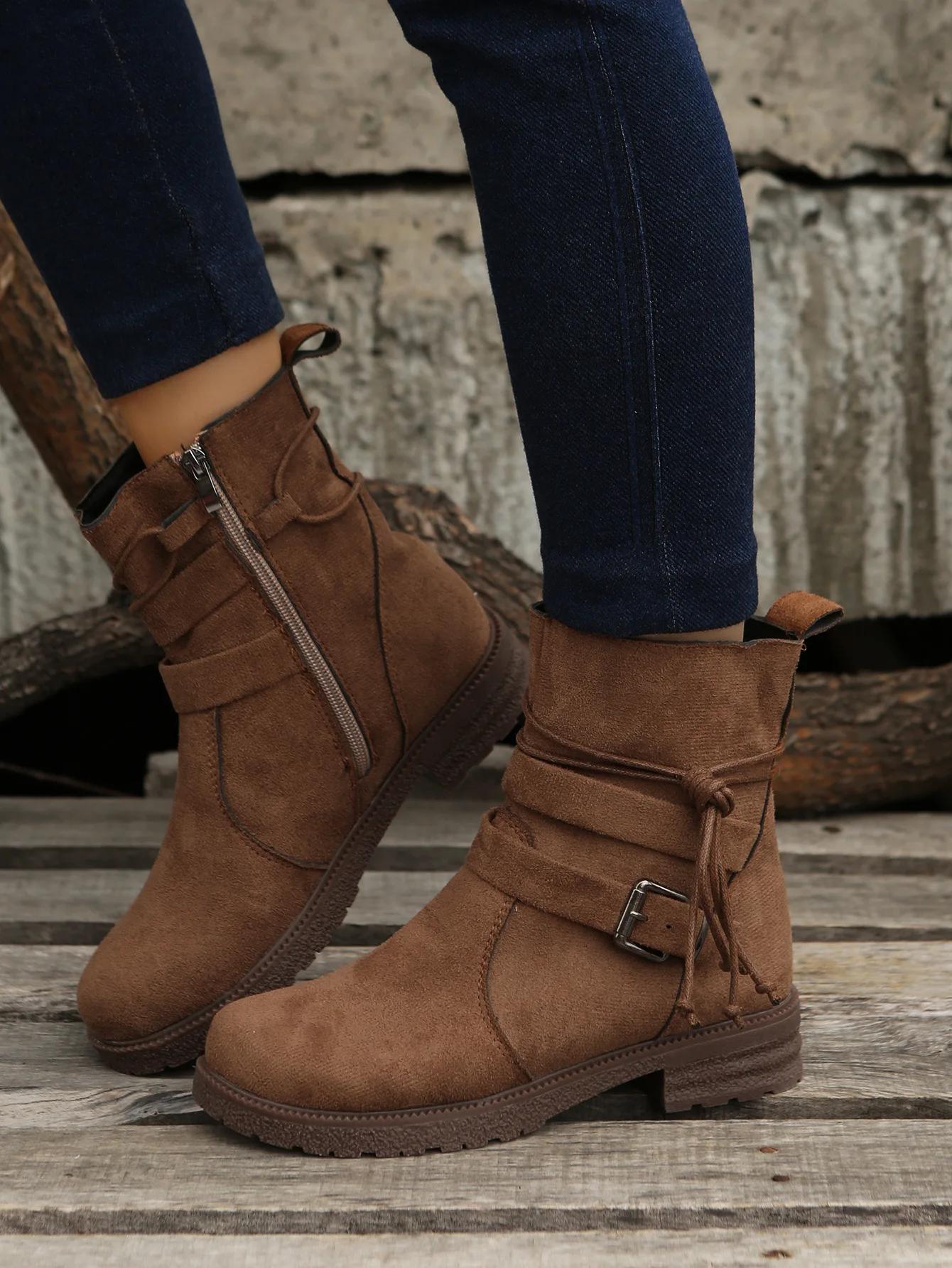 

Модные женские ботильоны Botines, осенние новые замшевые ботинки на высоком каблуке в стиле ретро, повседневные женские туфли больших размеров с пряжкой и молнией, короткие ботинки 39