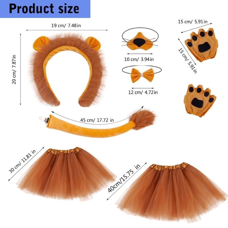 Kinder Süßes Löwen-Cosplay-Set Löwenohren Stirnband Schwanz Löwenpfoten Handschuhe Fliege Tüllröcke Halloween Kostüm