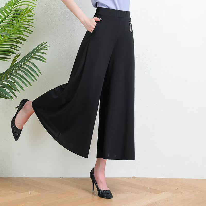 

Mom s Summer Plus Size Ice Silk Wide Leg Skirt Pants - Elastic Waist Nine-Point Casual Pants for Women XL чёрный