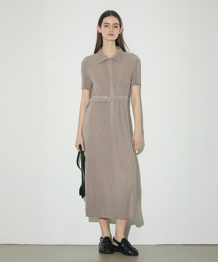 Waiowai Classic Belted Short Sleeve Pleated Long Dress_3 Colors