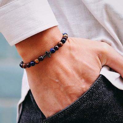 Minimalistisches Herren Kreuzarmband 6mm Natur Tigeraugenstein Armband Geschenk für Ihn Camping Zubehör