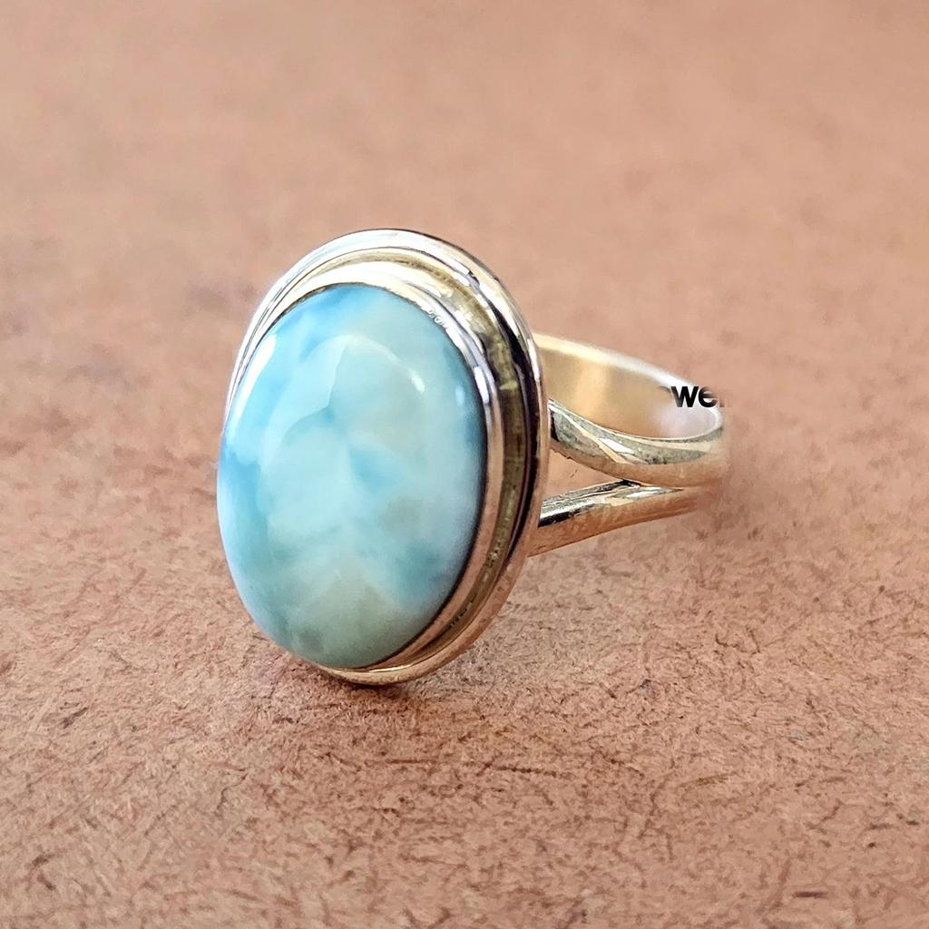 Oval Cab Blue Dominican Larimar 925 Sterling Silver Ring Jewelry, Handmade Wedding Gift Ring