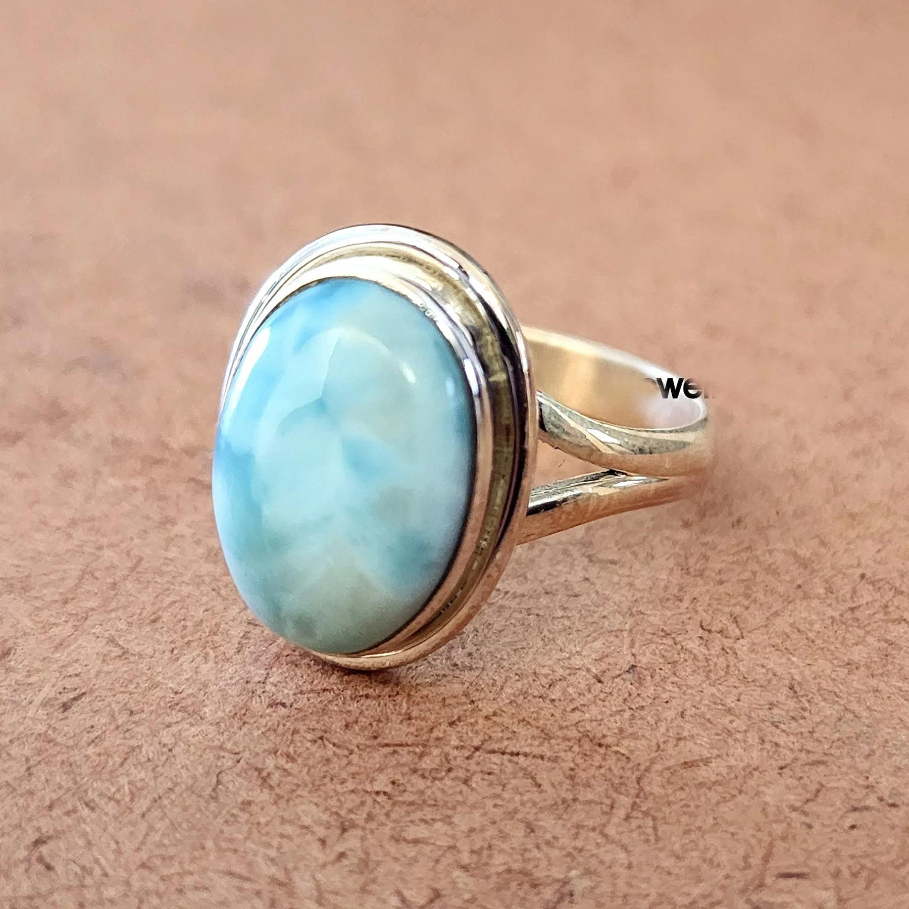 

Oval Cab Blue Dominican Larimar 925 Sterling Silver Ring Jewelry, Handmade Wedding Gift Ring 10