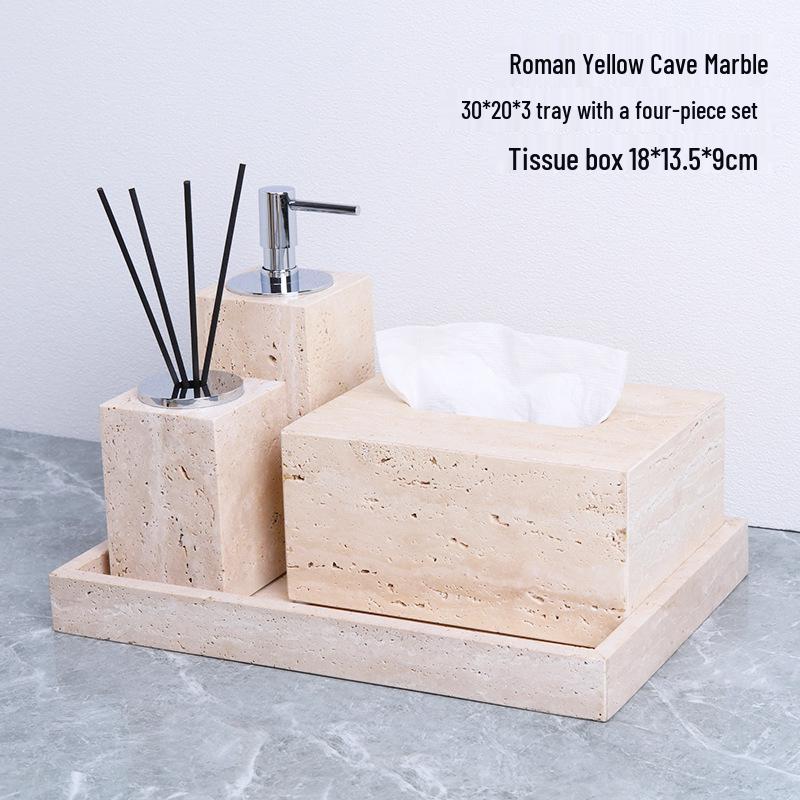 Badezimmerset aus gelbem Marmor im chinesischen Stil: Tablett, Aromatherapie-Ornament, Handseifenspender & Taschentuchbox.