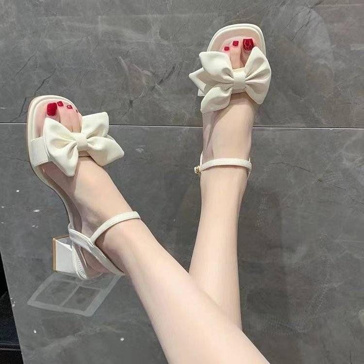 One word with bow thick heel French sandals women's summer 2025 new versatile high heel middle heel fairy style women's models
