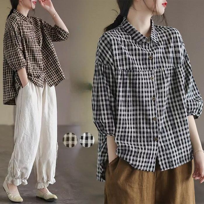 Autumn Japan and South Korea Loose Retro Cotton and Linen Large Size Casual Plaid Shirt