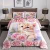 Kawaii Rosa Katzenbettwäsche Set Einzel-/Doppel-/Queensize Floral Rosa Rosenblüten Bettdeckenbezug Set für Damen- und Mädchenzimmerdeko