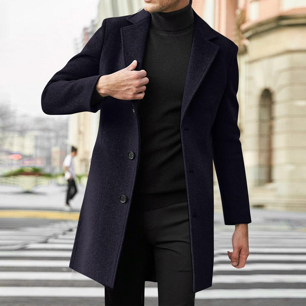 Men's Mid Length Trench Coat Trendy Business Single Breasted Wool Coat