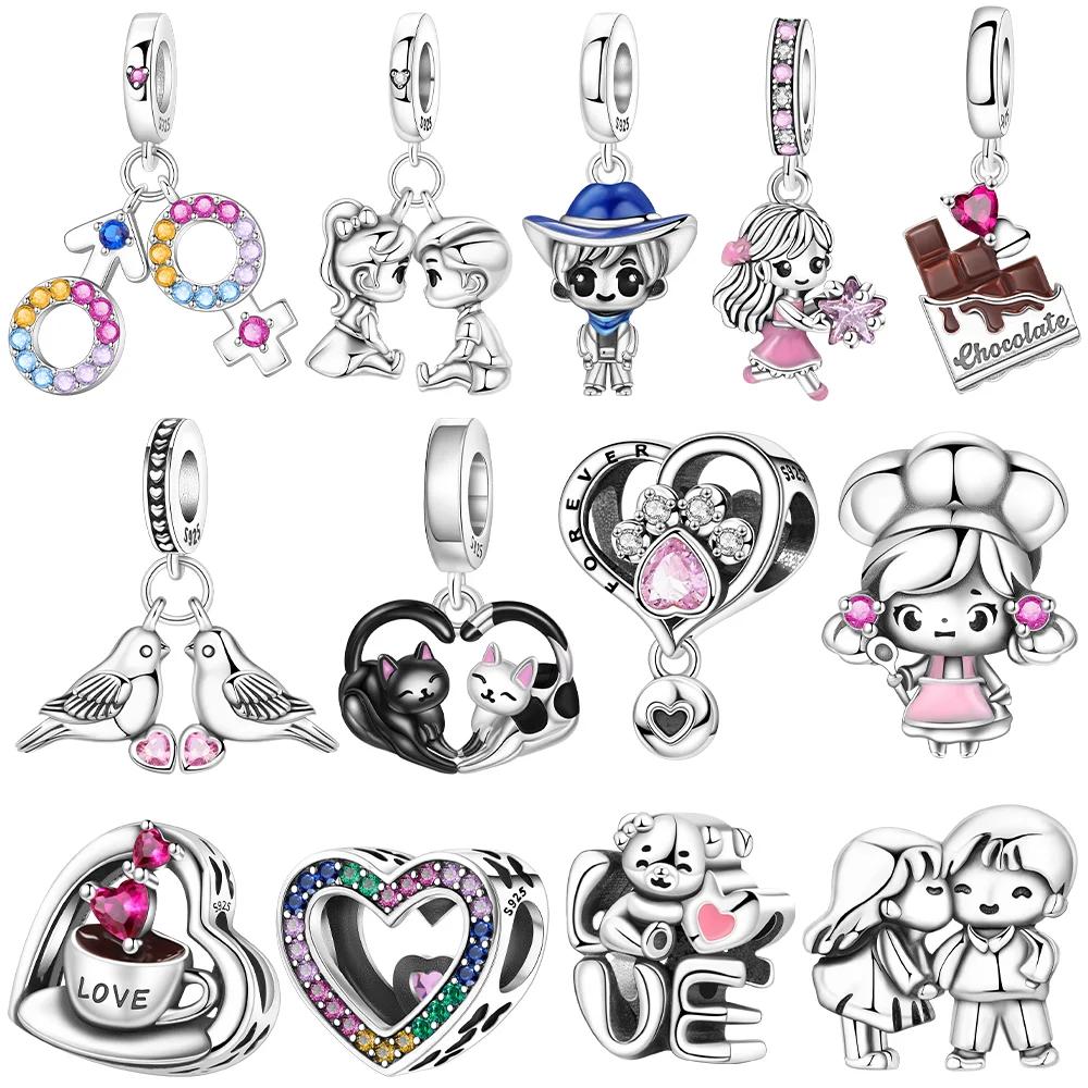 Exquisite Original Couple Boy Girl Symbols Bear Love Pink Heart Cat Charms Copper Beads Fit Bracelet Jewelry Gift Women Diy