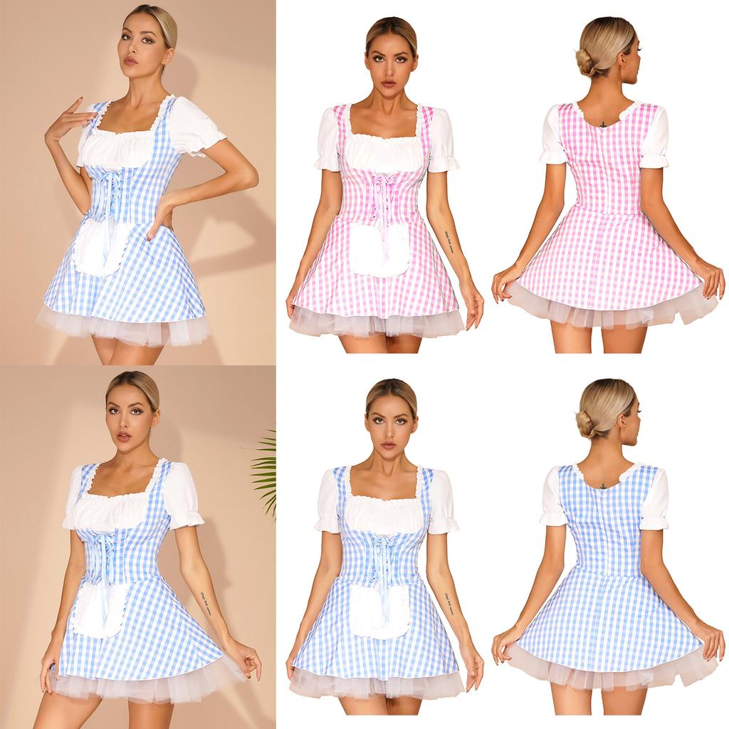 Women's French Maid Apron Cosplay Costume Lace Ruffle Tulle Plaid Fancy Dress