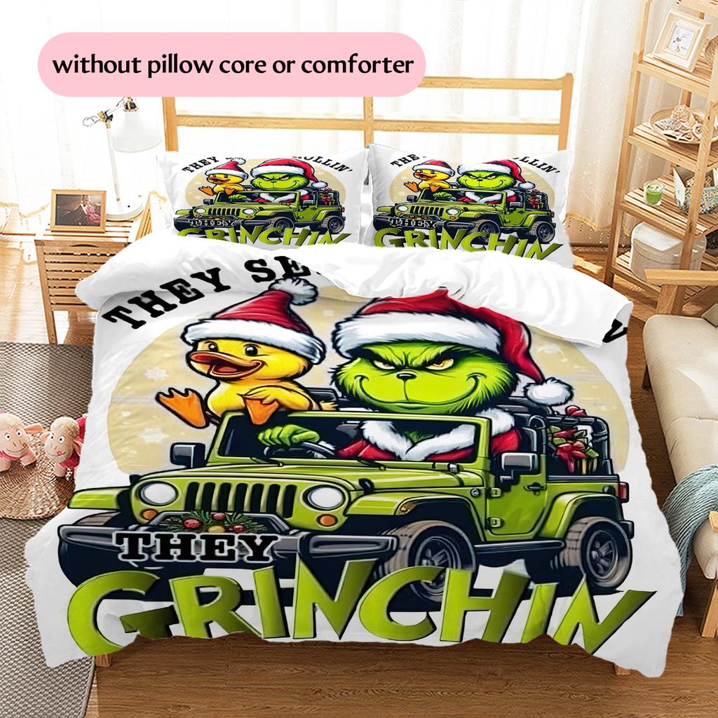 1PC Grinch Pattern Bedding Quilt Set Quilt Cover Pillowcase Home Decoration Birthday Gift (1 * Duvet Cover + 2 * Pillowcase, Without Core)