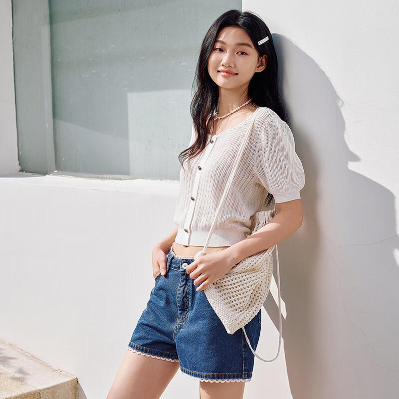 

LED IN Faux Placket Puff Sleeve Knit Ruffled Collar T-shirt L