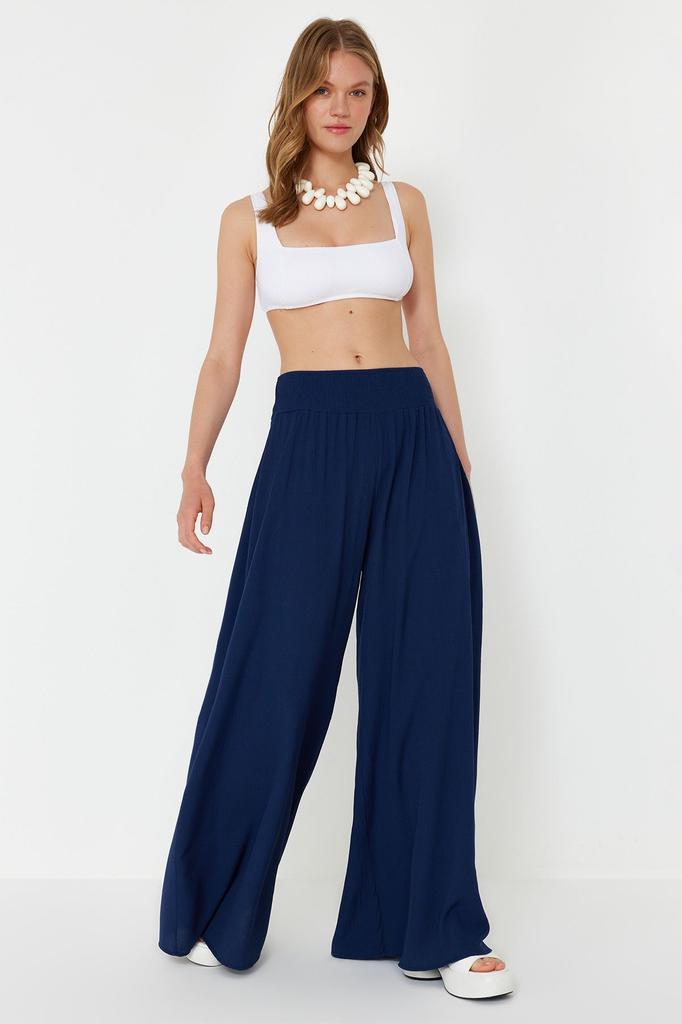 Women's Fashion Navy Blue Woven Gipe Detailed Trousers