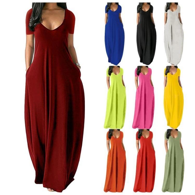

Women s Casual Short Sleeve Maxi Dress Solid Simple Dress With Pockets S