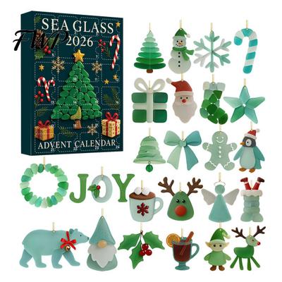 Christmas Eve Countdown 2026 Sea Glass Advent Calendar, 24 Day Box with Acrylic Decor Ornaments, Festive Hanging Tree for Holiday Home Decoration