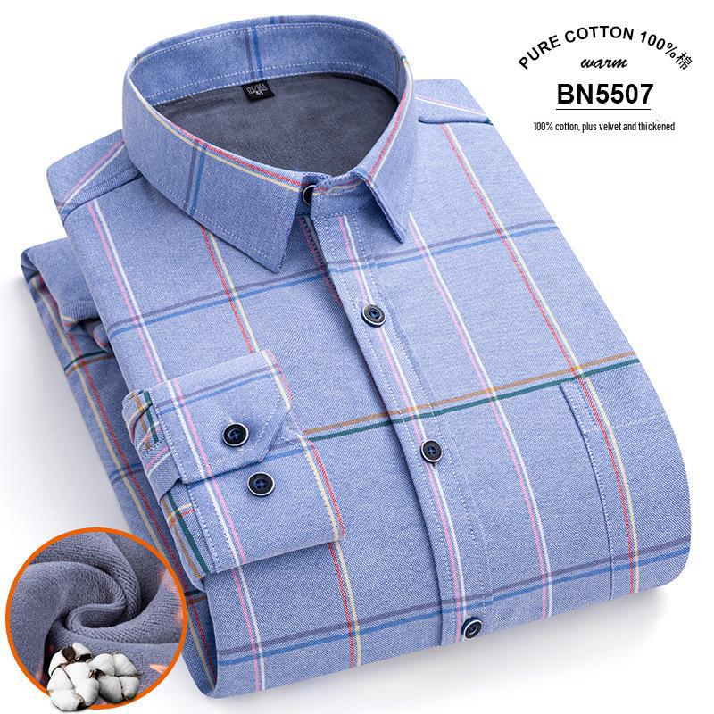 Men's Long Sleeve Cotton Plaid Shirt with Velvet Lining