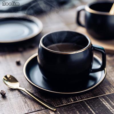 250 ml Keramik-Kaffeetasse und Untertasse, schwarz pigmentiertes Porzellan, Teetassen-Set mit Löffel, Trinkgeschirr-Set
