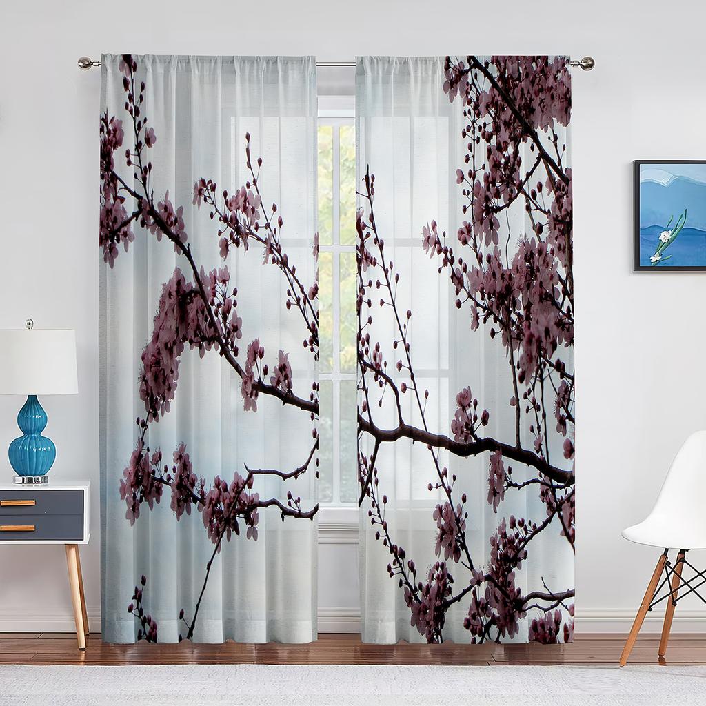 Cherry Blossom Flowers Pink Floral Tulle Curtains for Living Room Bedroom Decoration Modern Chiffon Sheer Voile Kitchen Curtain