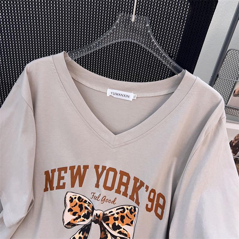 Plus Size V-Neck Slimming Short-Sleeve Mid-Length Women's T-Shirt (200/300/350 Jin)