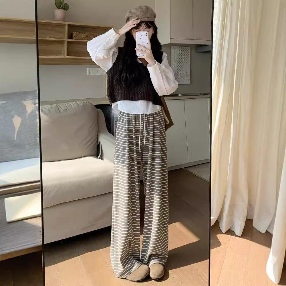 Striped Glutinous Rice Pants for Women In Autumn and Winter Style, High Waist, Slimming, Draped Wide-leg Straight Floor-moving Casual Trousers
