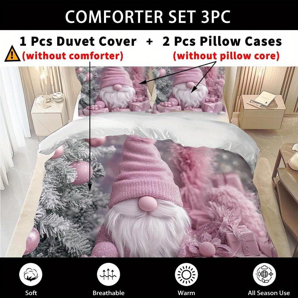 Latacaca 2/3Pcs Christmas Gnome Duvet Cover Set Pink Themed Bed Cover Set Festive And Cozy Bedding Set Christmas Gift