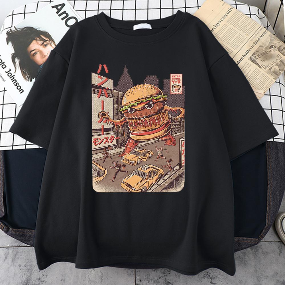 Ukiyoe Japanischer Stil Burgerzilla Herren Baumwoll-T-Shirts Japanisches Harajuku Freizeit-Oberteil Übergröße Kleidung Herren Kurzarm
