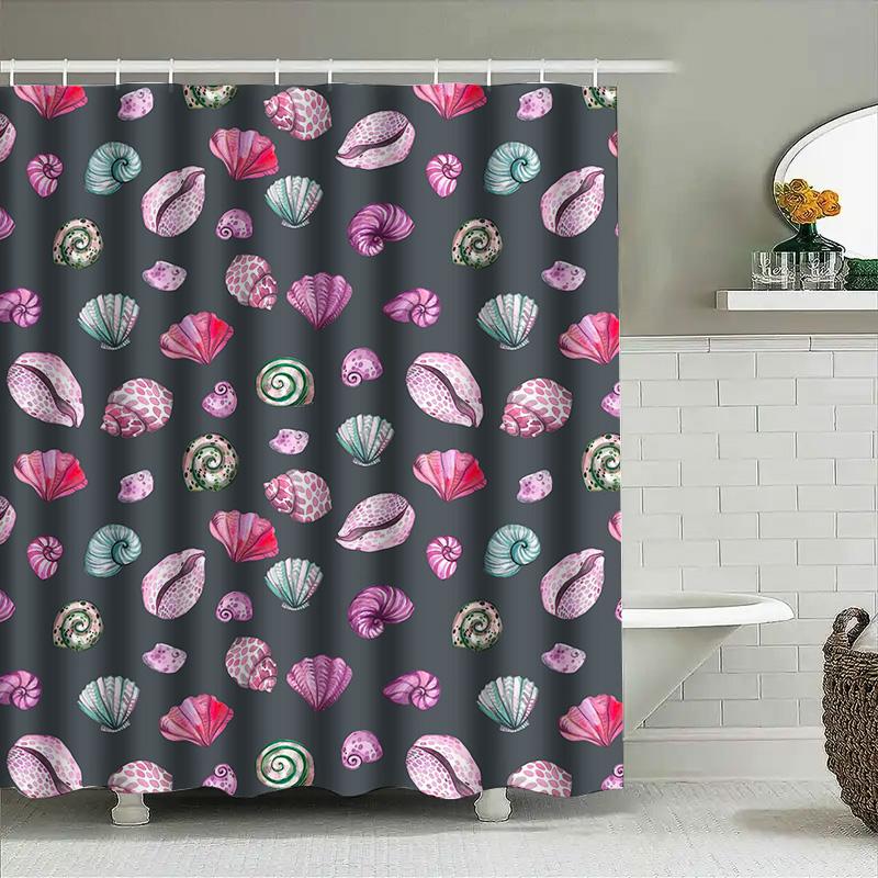 Watercolor Seashells Pattern Shower Curtain Pink Green Purple Shells Bath Decor With Metal Hook Perfect For Beach House Bathroom