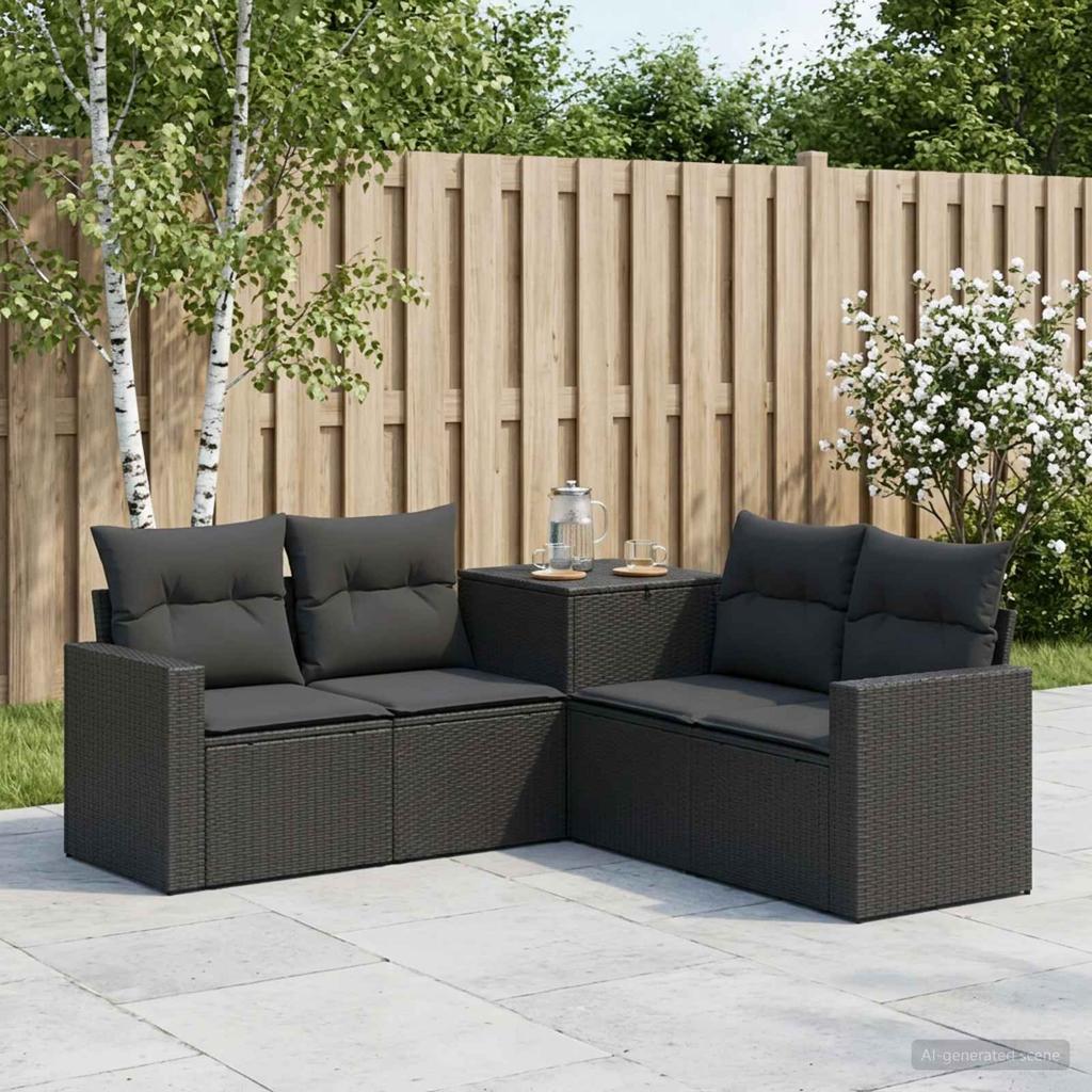 5 Piece Sofa Set Black Poly Rattan and Steel
