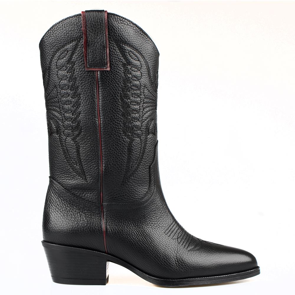 

FootCourt, черные женские ковбойские сапоги из натуральной кожи, с острым носком до середины икры, винтажные модные новые ботинки в стиле вестерн ручной работы с узором орла