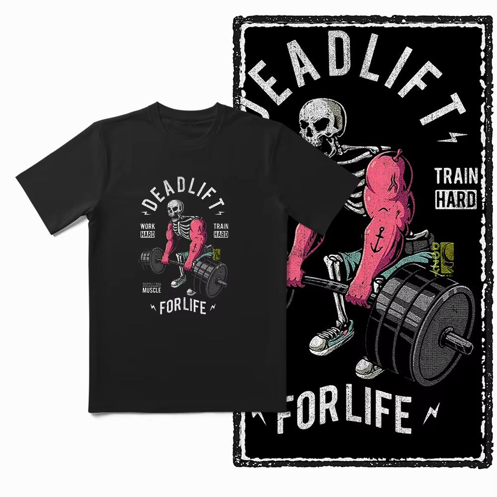 2025 Summer Barbell Pattern Exercise Training Short-Sleeved Cotton Loose And Breathable Men's Fitness Enthusiast T-Shirt Top
