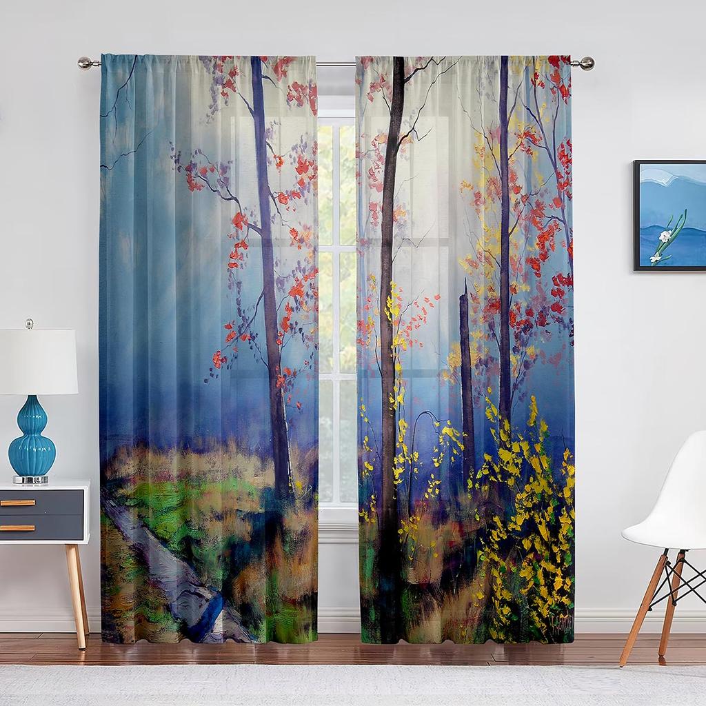 Perdele din șifon cu peisaj fantezic, perdele din tul pentru casă lângă munte și râu, pentru decorarea casei de living