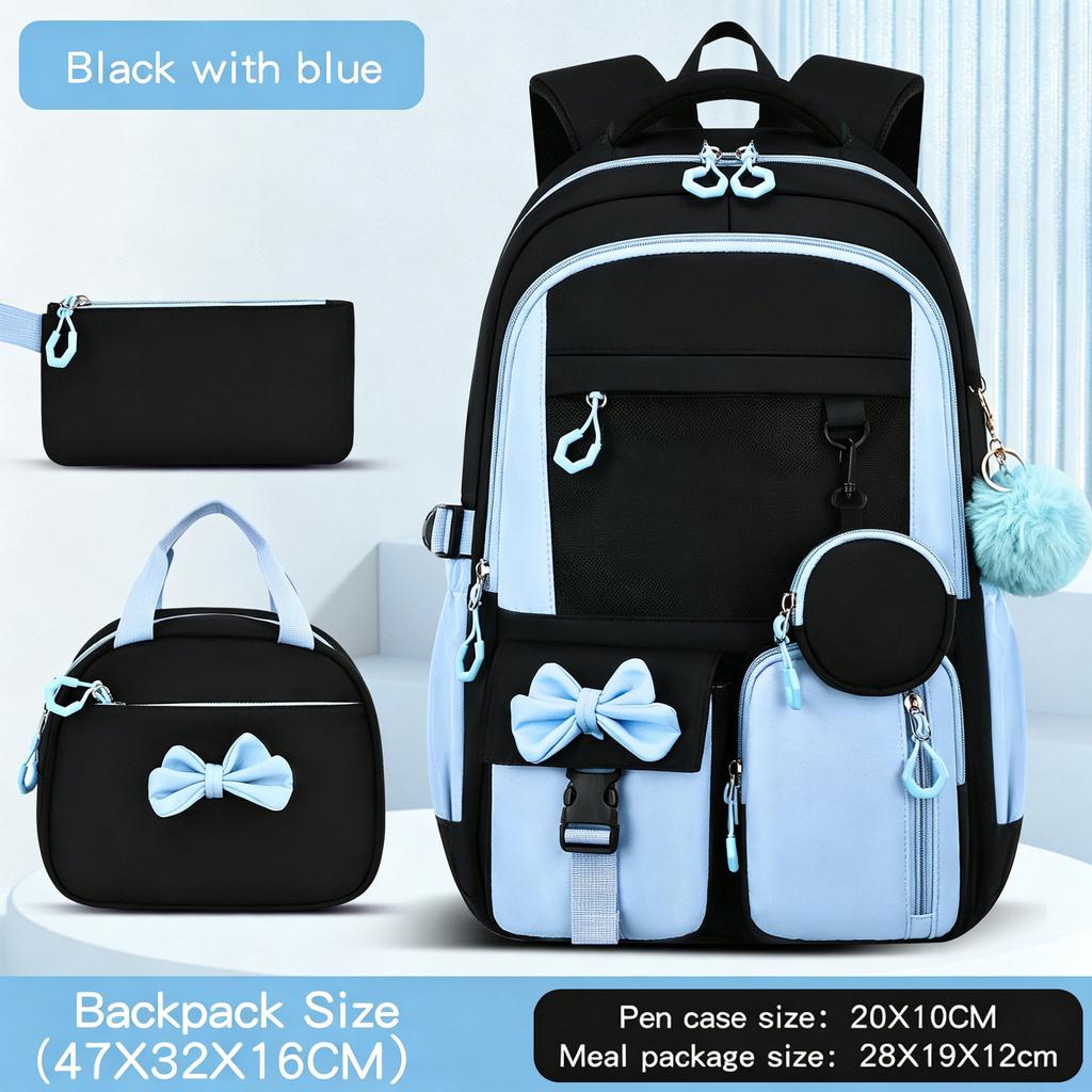 4pcs/set Patchwork School Backpack Set Primary Middle Bow School Bags for Girls Cute Bookbag Lunch Bag Pencil Bag Large Capacity