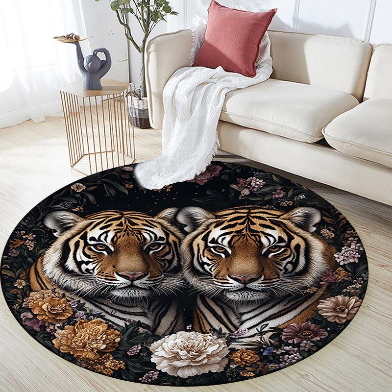 Tiger Artwork Round Area Rug,Carpet Rug for Living Room Bedroom Sofa Playroom Decor,Non-slip Floor Mat