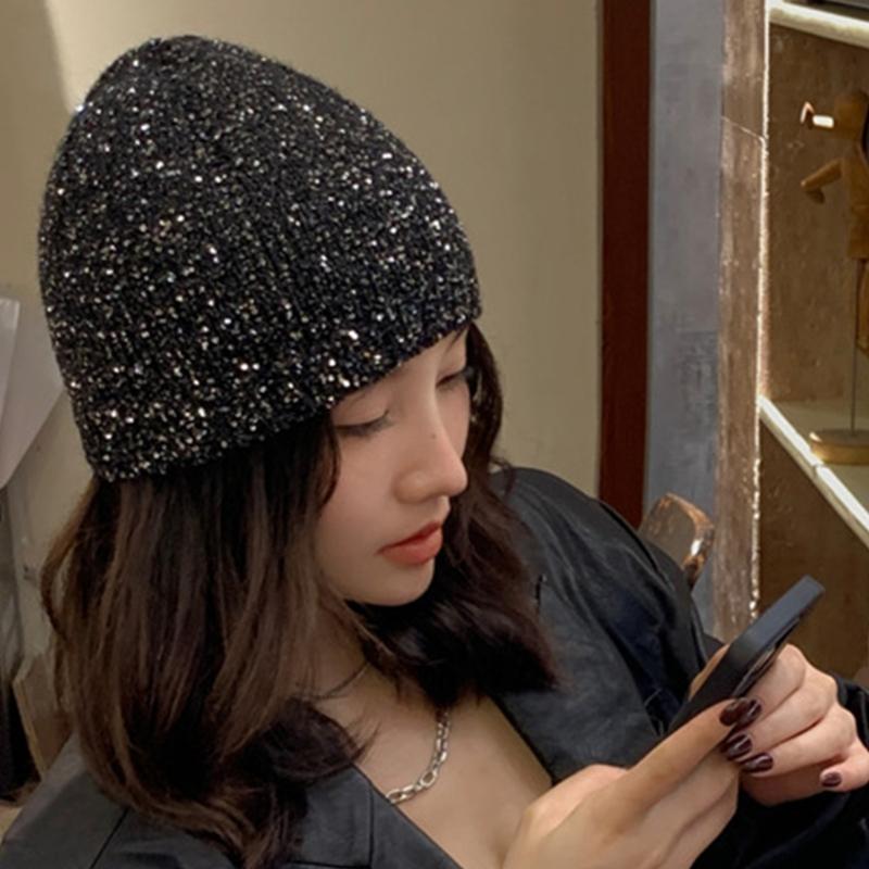 Cool Black Sequins Party Hat Breathable Skull Hat Party Bonnet Knit Hat