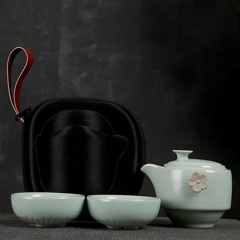 

Ru Kiln Convenient Tea Cup Set, Portable Kung Fu, Single Travel,1Pot 2 Cups, Ceramic Cups, Teapot Maker, Gongfu, Classical Gift 4 pcs set